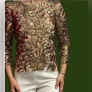 Milly Pink blush and Gold Sequin Floral Blouse